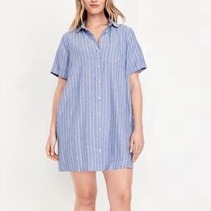 Old Navy Blue Striped linen blend dress clean girl nautical minimal button front